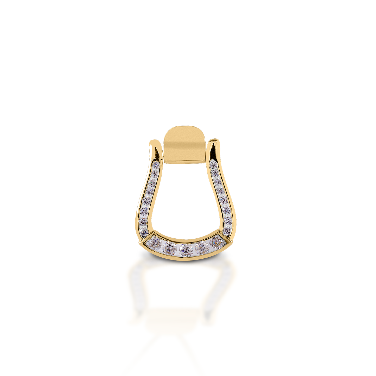 Add some Cowgirl sparkle to your look with the Kelly Herd Oxbow Clear Stone Stirrup Pendant. Featuring a Western oxbow stirrup shaped pendant, fully enhanced with diamonds. Made of 14K gold, this pendant will catch the light and grab attention! Features Western oxbow stirrup shaped pendant. Enhanced with diamonds all the way around the stirrup. Available in 14K Gold 19mm x 28mm