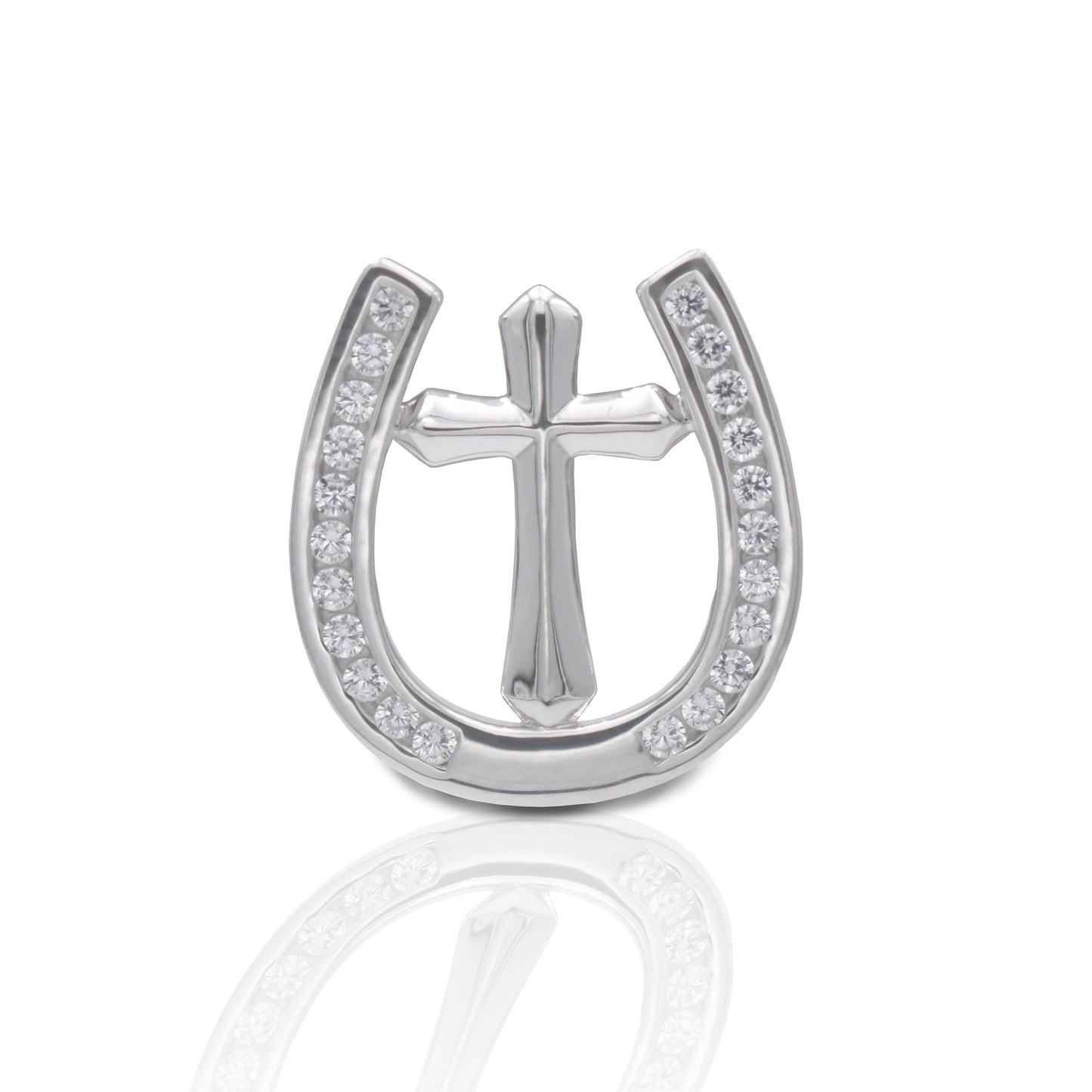 Horseshoe Encircled Cross Design Enhanced with Clear Cubic Zirconia Stones Measures 15mm high x 15mm wide Straight Pin Catch Sterling Silver