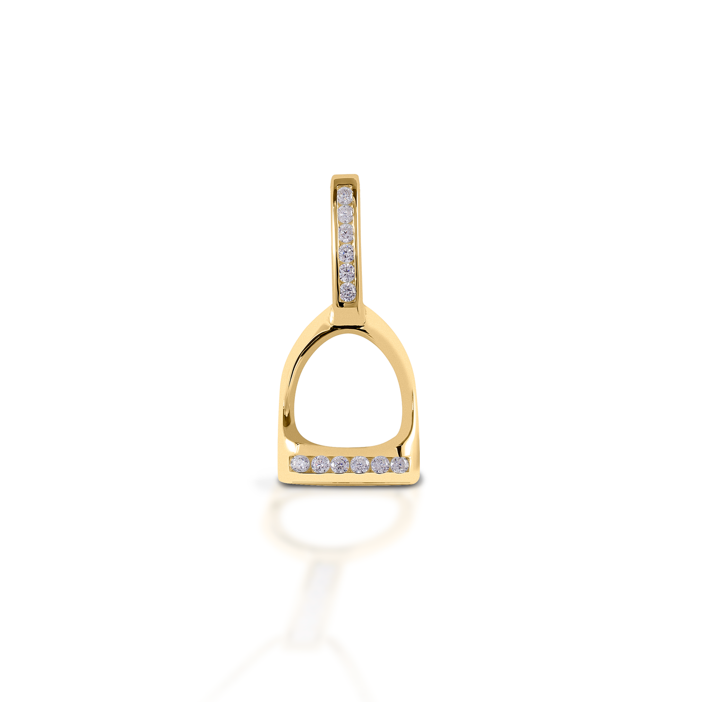 The Kelly Herd English Stirrup Necklace is a perfect tiny replica of a classic English fillis stirrup. Available in 14K gold, the base of the stirrup and the stirrup "leathers" are enhanced with diamonds. Features English stirrup pendant Diamonds Available in 14K gold 14mm x 31mm
