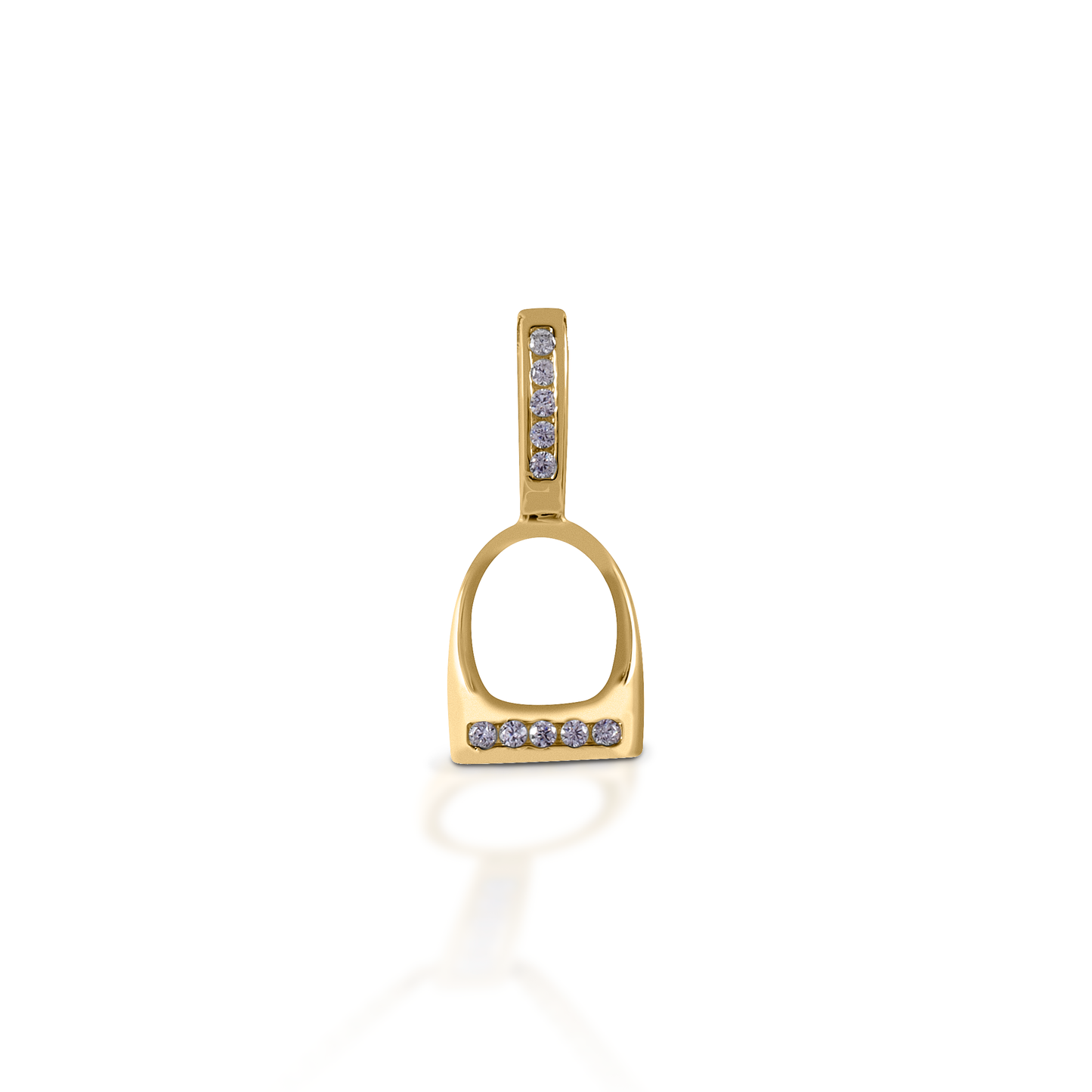 The Kelly Herd English Stirrup Pendant is a perfect tiny replica of a classic English fillis stirrup. Made of 14K gold, the base of the stirrup and the stirrup "leathers" are enhanced with diamonds. Features English stirrup pendant Diamonds Available in 14K gold 10mm x 20mm