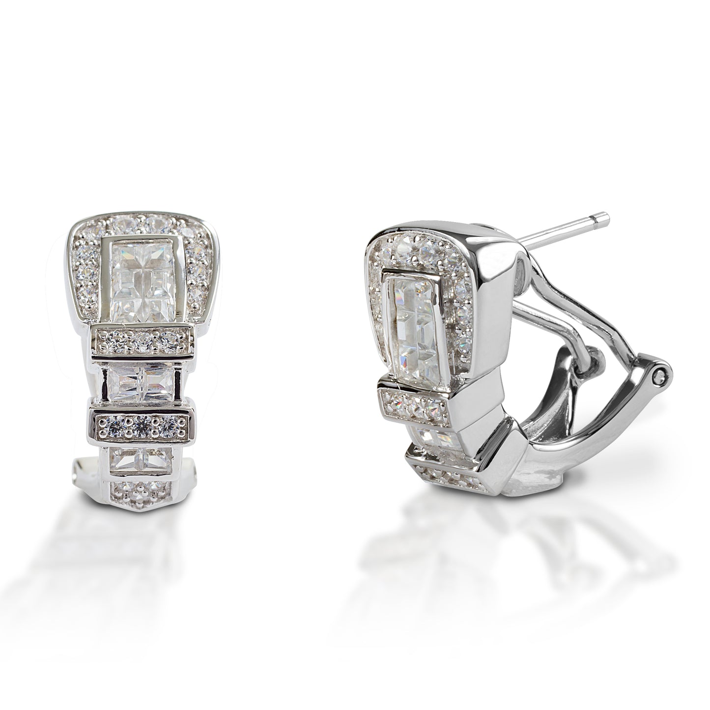 Western belt buckles for your ears! Kelly Herd Ranger Style Buckle Earrings are finely detailed replicas of a classic three piece western buckle set, enhanced with square diamonds. Available in your choice of white, or yellow 14k gold. Made with a French clip and post back. Features Western belt buckle style earrings. Diamonds Available in white gold, or yellow gold French clip and post back 8mm x 16mm