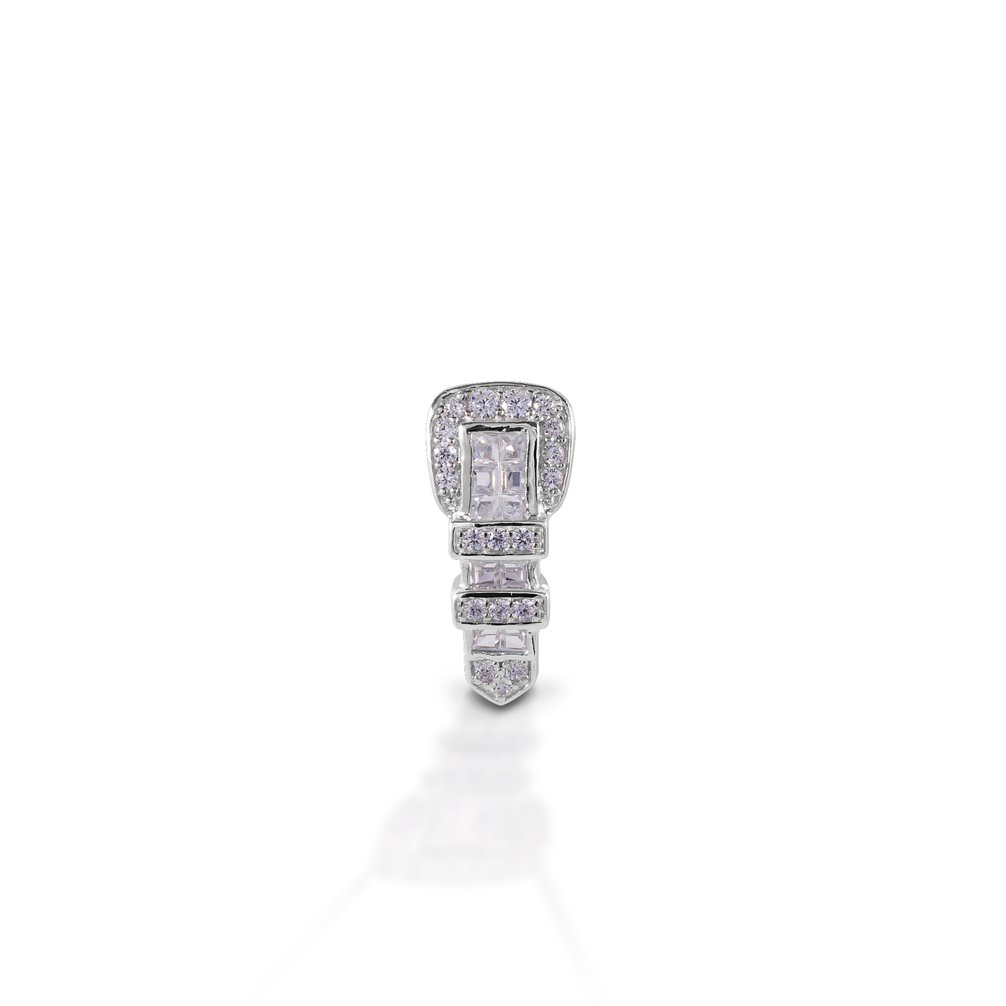 The Kelly Herd Ranger Style Buckle Pendant features a pendant that is a finely detailed replica of a classic three piece western buckle set, enhanced with square diamonds. Available in 14k gold. Features Western belt buckle style earrings. Diamonds Available in 14K gold 8mm x 20mm