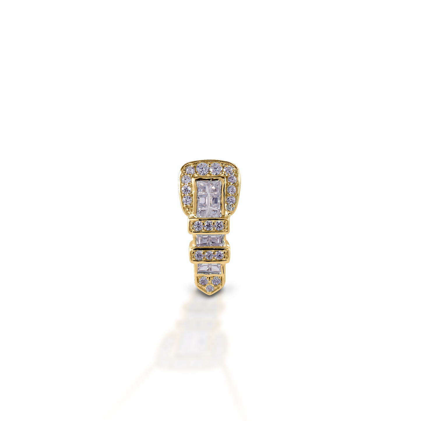 The Kelly Herd Ranger Style Buckle Pendant features a pendant that is a finely detailed replica of a classic three piece western buckle set, enhanced with square diamonds. Available in 14k gold. Features Western belt buckle style earrings. Diamonds Available in 14K gold 8mm x 20mm