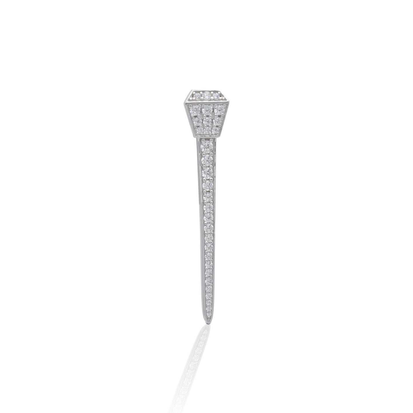 Features Horseshoe Nail Design Enhanced with Clear Cubic Zirconia Stones Measures 45mm high x 10mm wide Straight Pin Catch Sterling Silver