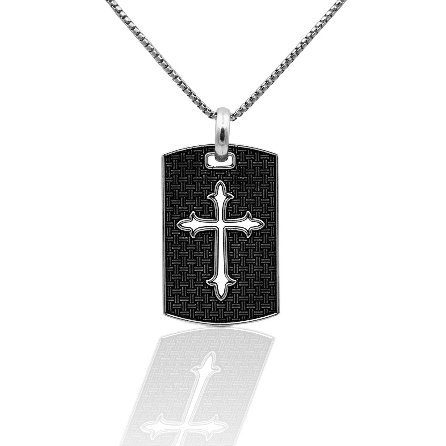 A manly look perfect for the rugged outdoors man. The textured surface of the Kelly Herd Men's Etched Cross Tag Necklace along with the cutout of the traditional St. Thomas cross puts this design on every mans wish list. Comes with a sturdy 24" box chain. Features Textured Dog Tag Cutout St Thomas Cross Measures 40mm high x 32mm wide 24" Chain Box Chain Sterling Silver