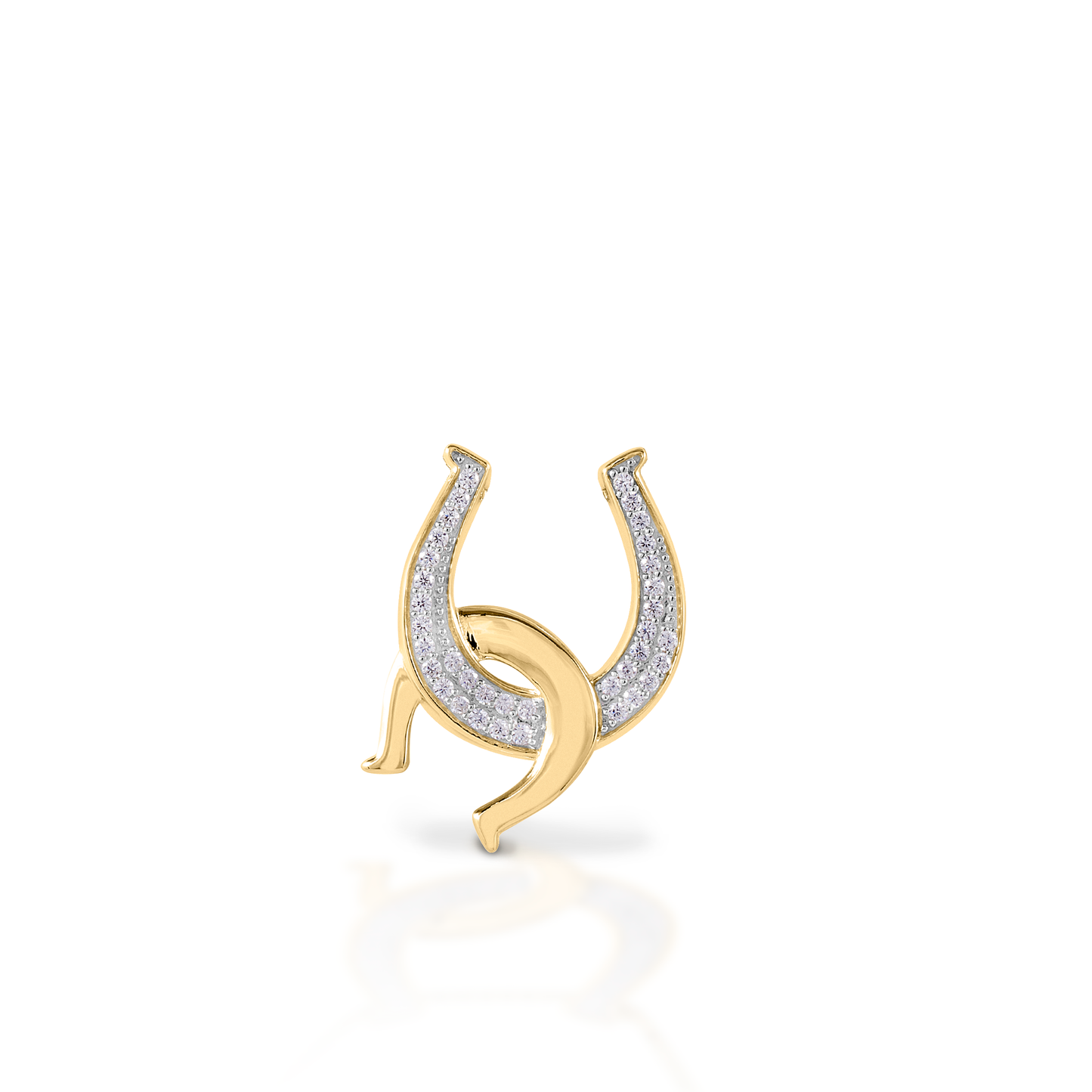 Double the luck! The Kelly Herd Double Horseshoe Necklace has one upright horseshoe enhanced with diamonds, and another smooth, shiny one casually hooked across. This gives the necklace a fun, whimsical affect. Available in 14K gold. Features Double Horseshoe pendant Enhanced with diamonds Available in 14K gold 18mm x 27mm