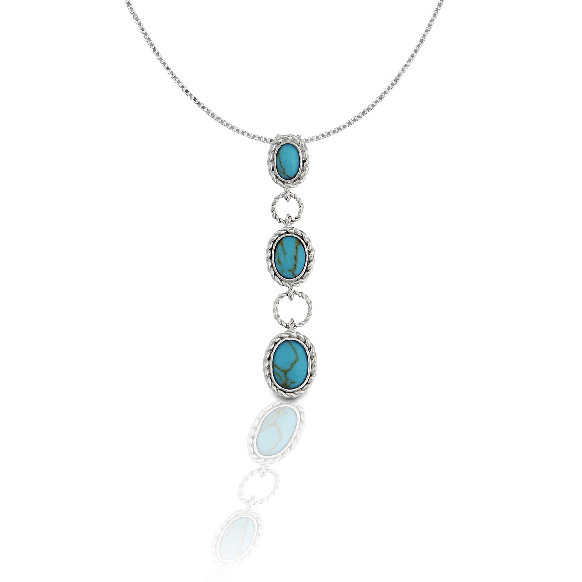     Graduated Cabochon Design     Lab Turquoise Stones     Measures 46mm high x 7mm wide     16"-18" Adjustable Box Chain     Matching Earrings Available     Sterling Silver