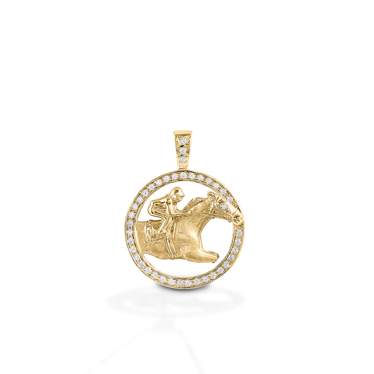 The Kelly Herd Circle Race Horse Pendant is a beautiful representation of the Sport of Kings! A horse and jockey at burst from a circle of clear diamonds. Available in 14K gold. Features Race horse pendant Accented with diamonds Available in 14K gold 16mm x 16mm