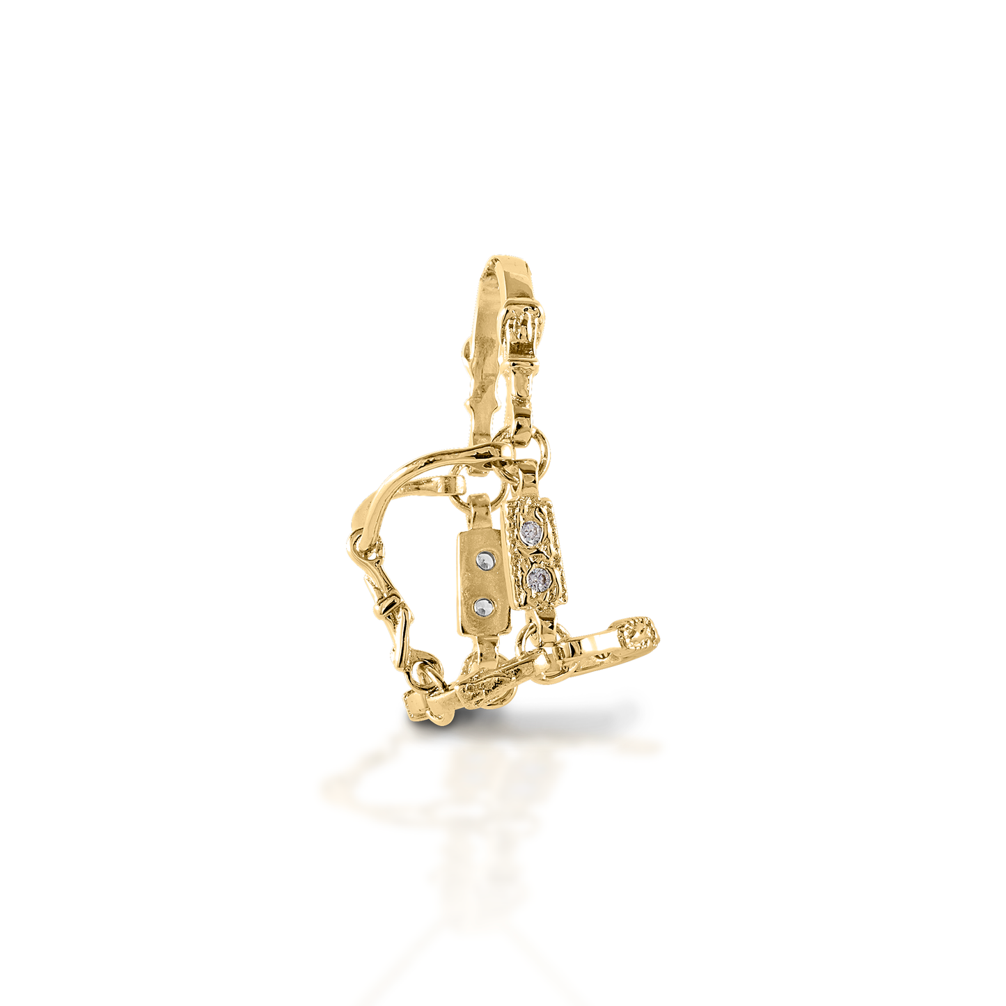 Carry your horse near your heart with the Kelly Herd Small Halter Pendant. This perfectly crafted tiny three-dimensional halter is made of 14K gold, with diamonds on the cheek pieces and nose band. Features Three dimensional halter pendant Diamonds Available in 14K gold 27mm x 29mm