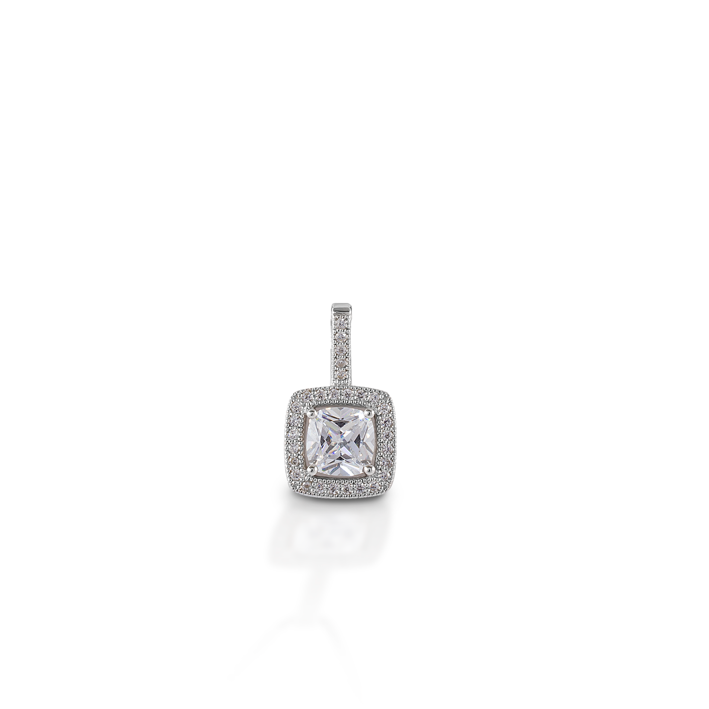 Kelly Herd Square Bezel Set Pavé Pendant is made of white gold with various grade diamonds. At 10mm, this pendant is the perfect size. Elegant, but not over-powering. Matching earrings are available. Features Square bezel set pendant Available in 14K White Gold Diamonds 36 mm x 6 mm