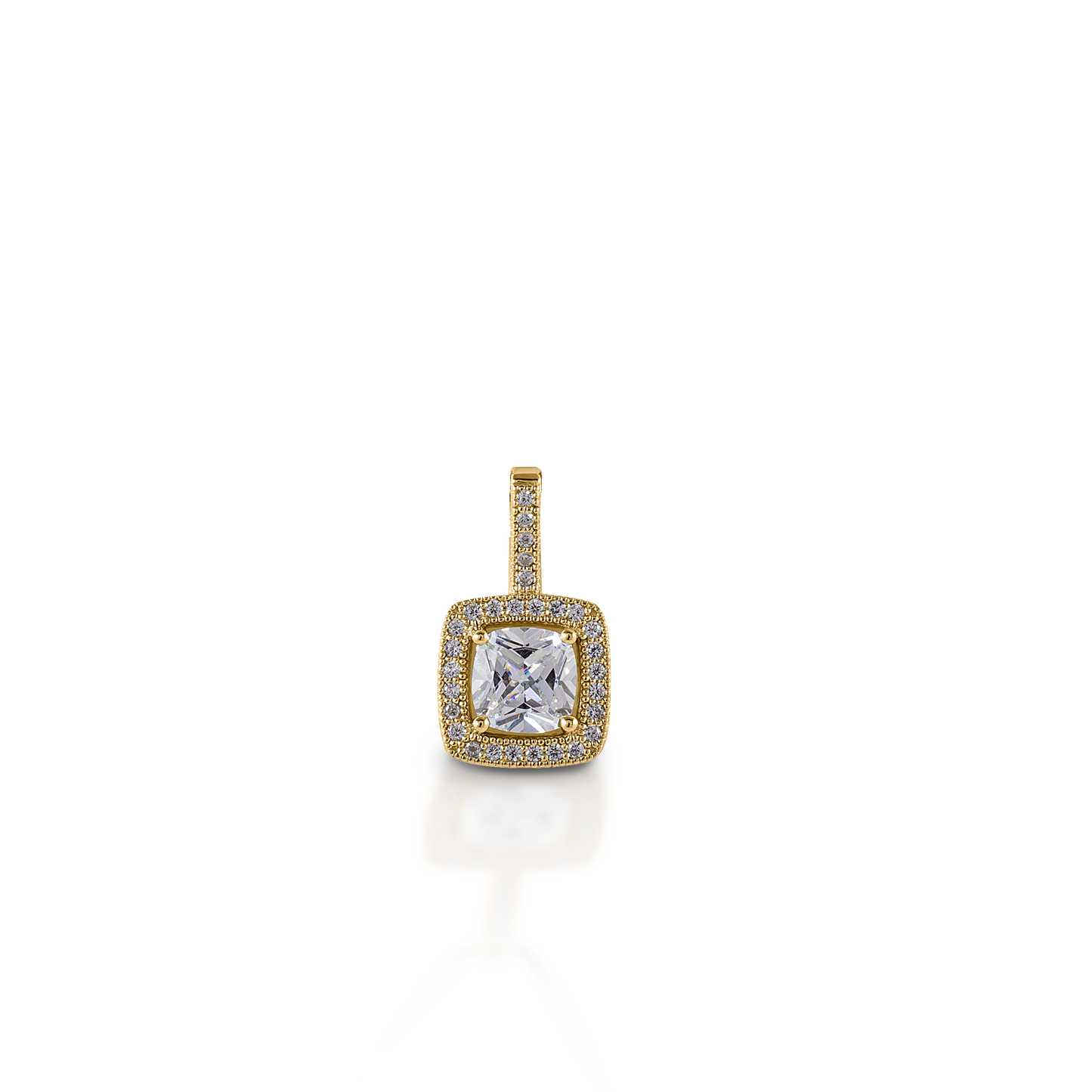 Kelly Herd Square Bezel Set Pavé Pendant is made of yellow gold with various grade diamonds. At 10mm, this pendant is the perfect size. Elegant, but not over-powering. Matching earrings are available. Features Square bezel set pendant Available in 14K Yellow Gold Diamonds 36 mm x 6 mm