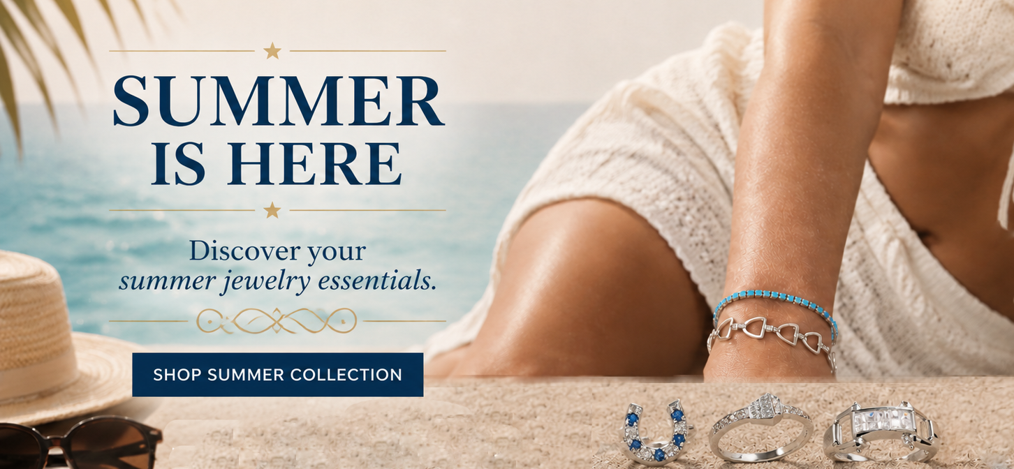 Promotional banner for summer jewelry collection with text and images of jewelry on a beach setting.