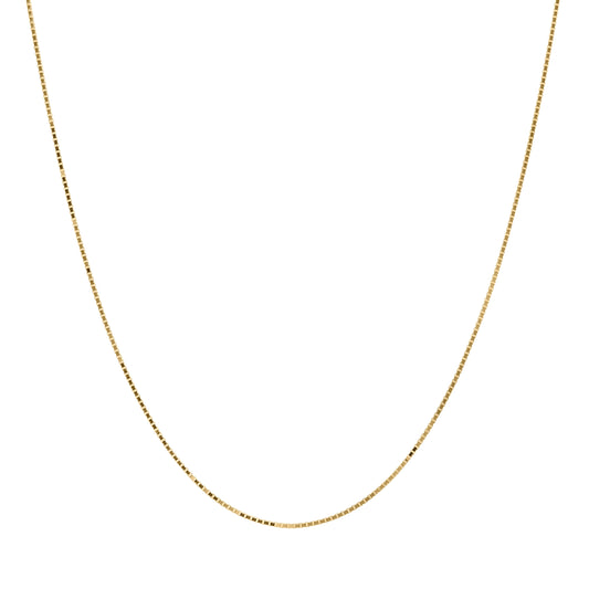 Kelly Herd 1.0mm Box Chain in 14K Gold is a lovely traditional chain. A look that never goes out of style. Add it to a pendant or wear it alone. It will add a touch of elegance to any outfit. Available in 14K white or yellow gold, It will make a lovely gift for any occasion.  Features      Solid Box Chain     14K Gold     Lobster Clasp     1mm chain width