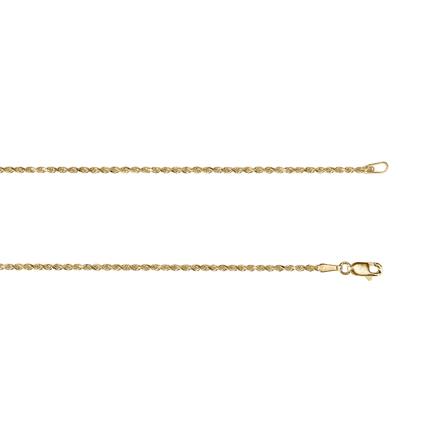 Classic Chain with some curves!  Kelly Herd's Diamond Cut 1.5mm Rope Chain is a lovely accent to any outfit, with a pendant or alone.  Available in 14K white or yellow gold, It will make a lovely gift for any occasion.      Features      Solid Rope Chain     14K Gold     Lobster Clasp     1.5mm chain width