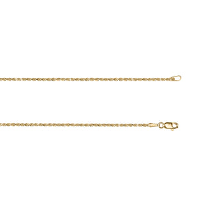 Classic Chain with some curves!  Kelly Herd's Diamond Cut 1.5mm Rope Chain is a lovely accent to any outfit, with a pendant or alone.  Available in 14K white or yellow gold, It will make a lovely gift for any occasion.      Features      Solid Rope Chain     14K Gold     Lobster Clasp     1.5mm chain width