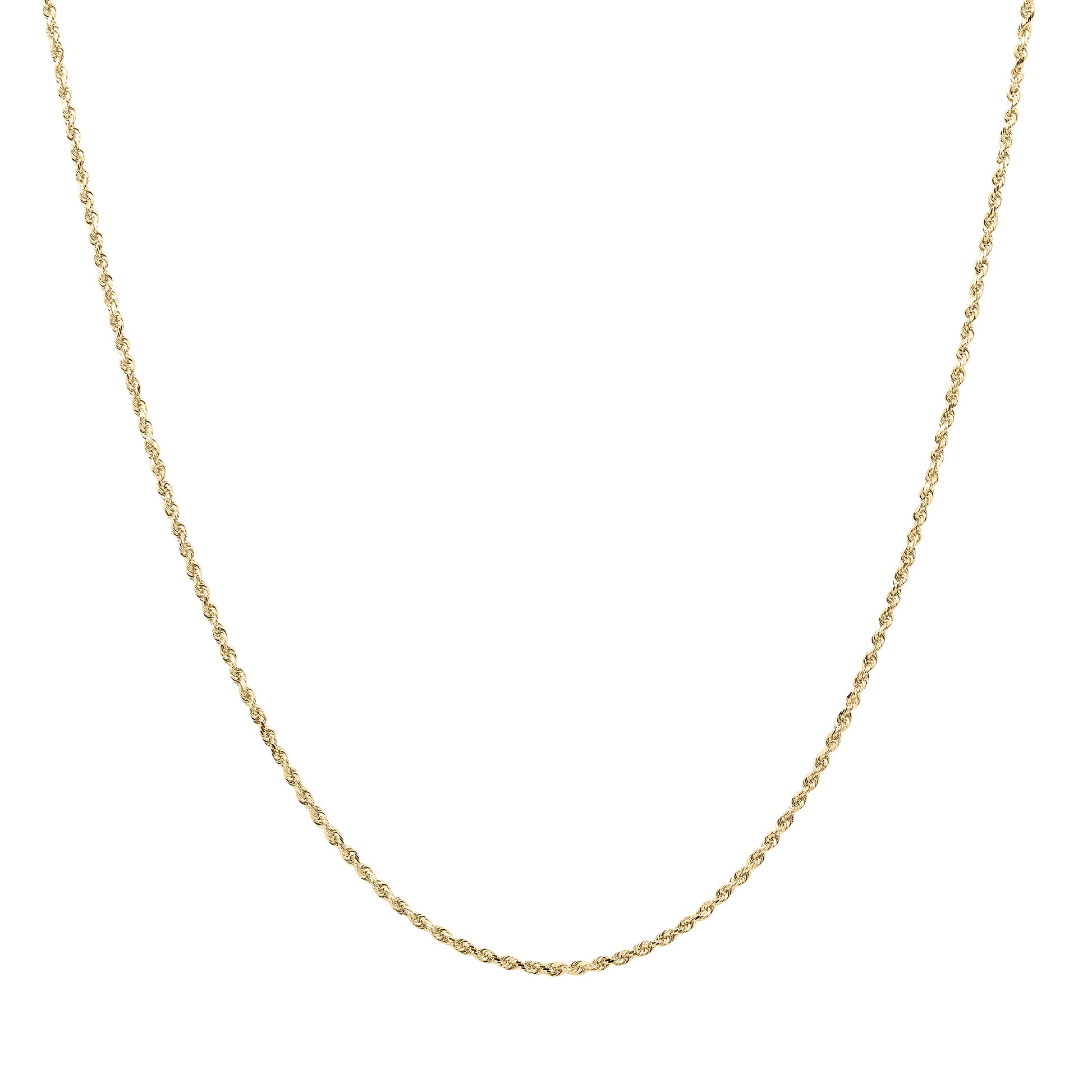Classic Chain with some curves!  Kelly Herd's Diamond Cut 1.5mm Rope Chain is a lovely accent to any outfit, with a pendant or alone.  Available in 14K white or yellow gold, It will make a lovely gift for any occasion.      Features      Solid Rope Chain     14K Gold     Lobster Clasp     1.5mm chain width