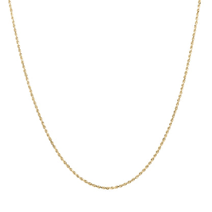 Classic Chain with some curves!  Kelly Herd's Diamond Cut 1.5mm Rope Chain is a lovely accent to any outfit, with a pendant or alone.  Available in 14K white or yellow gold, It will make a lovely gift for any occasion.      Features      Solid Rope Chain     14K Gold     Lobster Clasp     1.5mm chain width