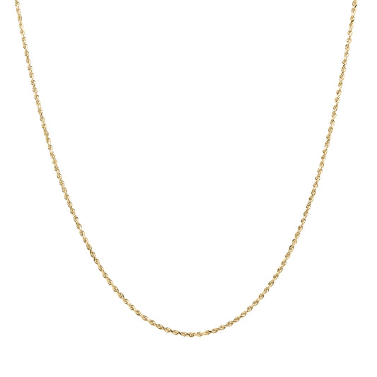 Classic Chain with some curves!  Kelly Herd's Diamond Cut 1.5mm Rope Chain is a lovely accent to any outfit, with a pendant or alone.  Available in 14K white or yellow gold, It will make a lovely gift for any occasion.      Features      Solid Rope Chain     14K Gold     Lobster Clasp     1.5mm chain width