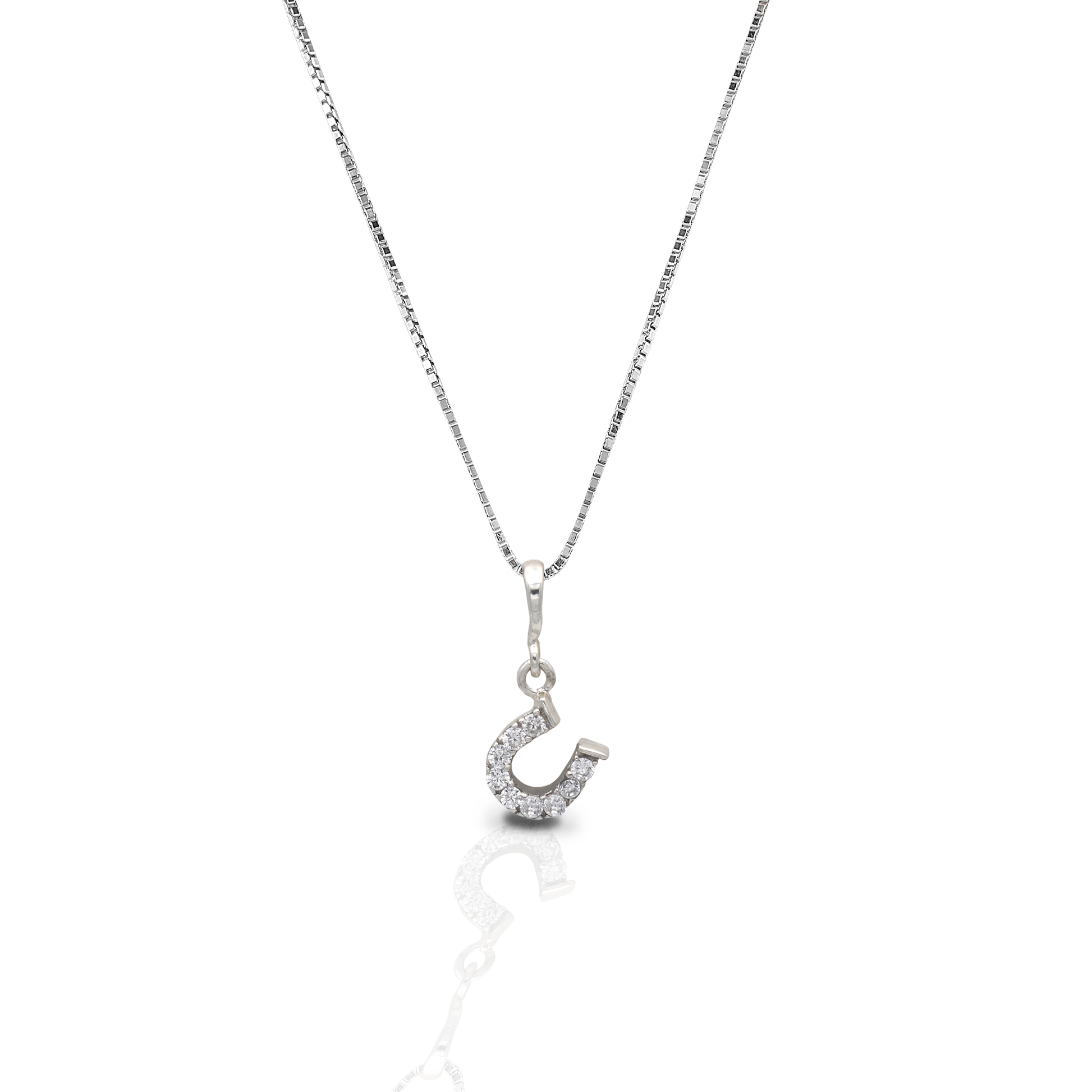 The Kelly Herd Clear Dangle Horseshoe Necklace features a beautiful offset sterling silver horseshoe pendant enhanced with clear CZ stones. Perfect for taking a little luck into the ring with you! Comes with 16-18" adjustable chain.  Features      Delicate horseshoe pendant.     Clear cubic zirconia stones     Sterling silver     Adjustable Chain     8mm x 8mm