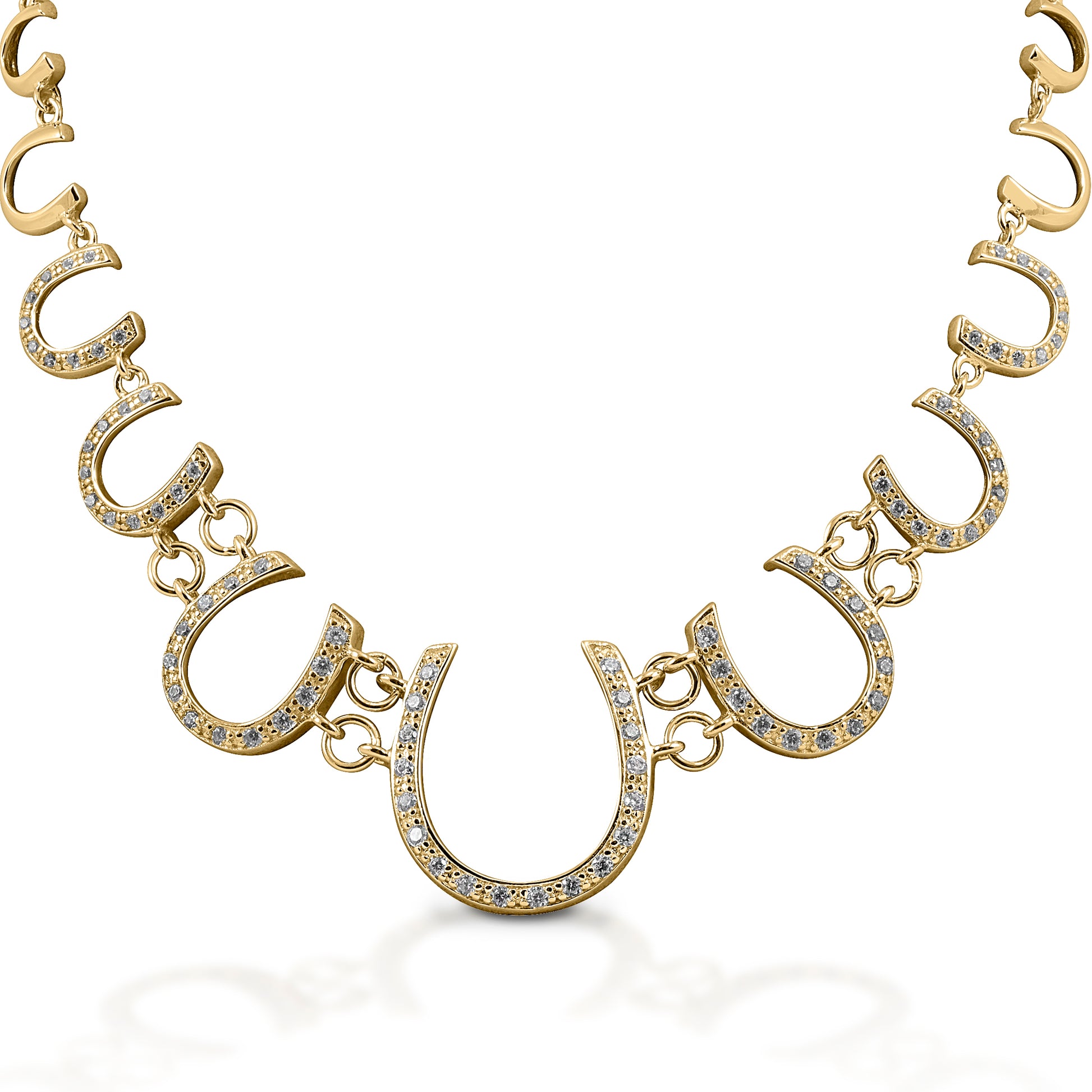 The Kelly Herd Multi Horseshoe Necklace links progressively sized horseshoes, creating a lovely frame affect. The larger horseshoes are enhanced with diamonds.   Features      Linked horseshoe chain     Diamonds     14k Yellow Gold     22mm wide x 19''