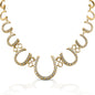 The Kelly Herd Multi Horseshoe Necklace links progressively sized horseshoes, creating a lovely frame affect. The larger horseshoes are enhanced with diamonds.   Features      Linked horseshoe chain     Diamonds     14k Yellow Gold     22mm wide x 19''