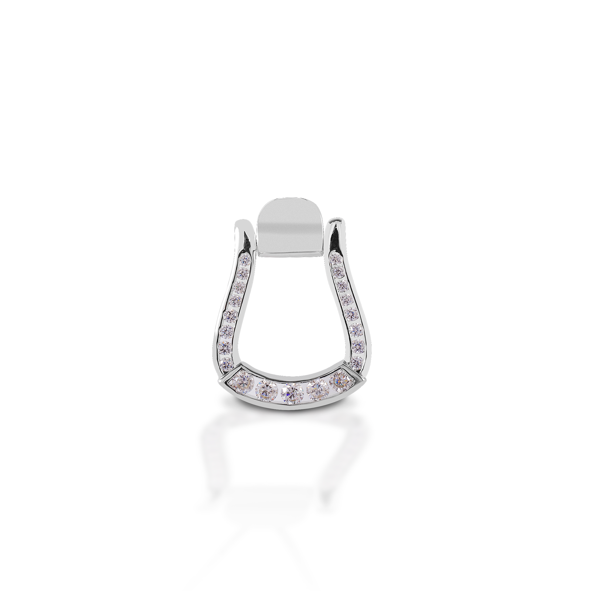 Add some Cowgirl sparkle to your look with the Kelly Herd Oxbow Clear Stone Stirrup Pendant. Featuring a Western oxbow stirrup shaped pendant, fully enhanced with diamonds. Made of 14K gold, this pendant will catch the light and grab attention!  Features      Western oxbow stirrup shaped pendant.     Enhanced with diamonds all the way around the stirrup.     Available in 14K Gold     19mm x 28mm