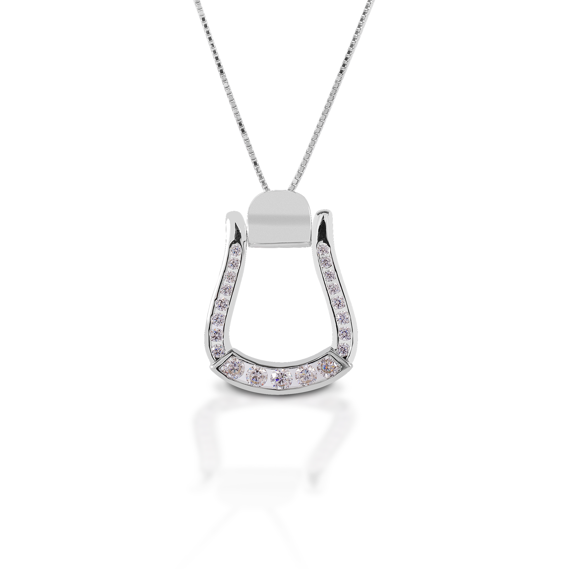 Add some Cowgirl sparkle to your look with the Kelly Herd Oxbow Clear Stone Stirrup Necklace. This necklace features an Western oxbow stirrup shaped pendant, fully enhanced with clear CZ. Made of sterling silver, this pendant will catch the light and grab attention! It comes with an adjustable 16-18" chain.  Features      Western oxbow stirrup shaped pendant.     Enhanced with clear cubic zirconia all the way around the stirrup.     Sterling Silver     Adjustable 16-18" chain     19mm x 28mm