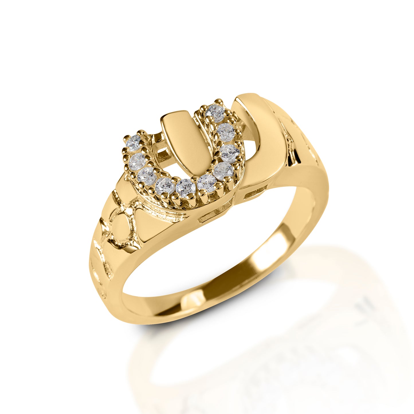 Bright, eye catching and yet still masculine, the Kelly Herd Men's Double Horseshoe Ring is a great way to give a little luck to your favorite cowboy! This ring has a wide textured band and two open topped horseshoes - one enhanced with diamonds and the other smooth and glossy. It comes in your choice of yellow gold, or white gold.  Features      Men's double horseshoe ring     Enhanced with diamonds     Wide textured band     Available in white, or yellow 14k gold     Sizes 10-13     11mm wide