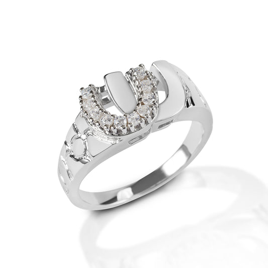 Bright, eye catching and yet still masculine, the Kelly Herd Men's Double Horseshoe Ring is a great way to give a little luck to your favorite cowboy! This ring has a wide textured band and two open topped horseshoes - one enhanced with diamonds and the other smooth and glossy. It comes in your choice of yellow gold, or white gold.  Features      Men's double horseshoe ring     Enhanced with diamonds     Wide textured band     Available in white, or yellow 14k gold     Sizes 10-13     11mm wide