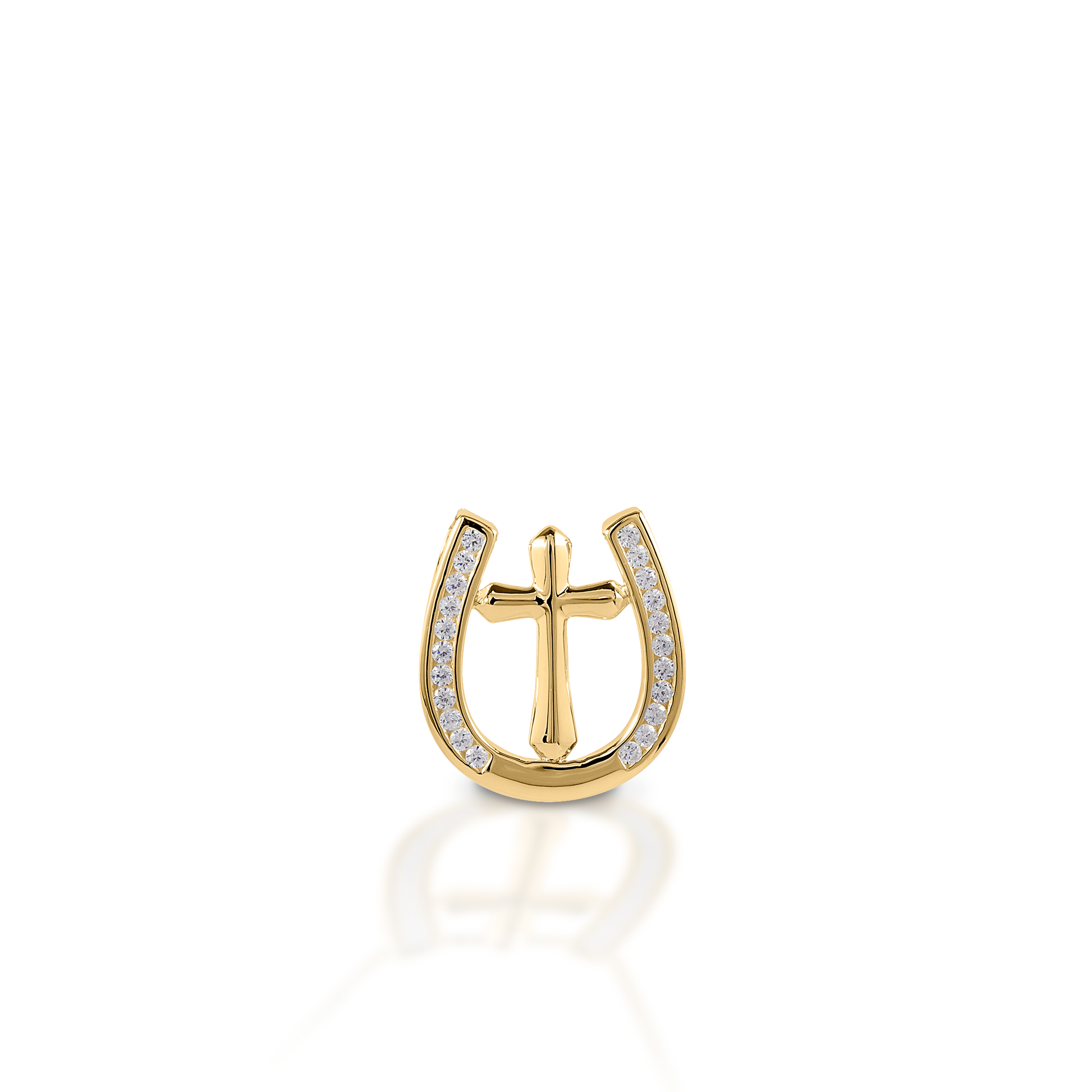 Sometimes all you need is faith and a little luck! The Kelly Herd Horseshoe Cross Pendant represents both. This simple, clean lined pendant comes in 14K gold. The horseshoe is enhanced with diamonds, and the cross is smooth.  Features      Cross and horseshoe pendant     Diamonds     Available in 14K gold     18mm x 18mm
