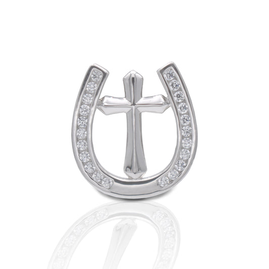     Horseshoe Encircled Cross Design     Enhanced with Clear Cubic Zirconia Stones     Measures 15mm high x 15mm wide     Straight Pin Catch     Sterling Silver