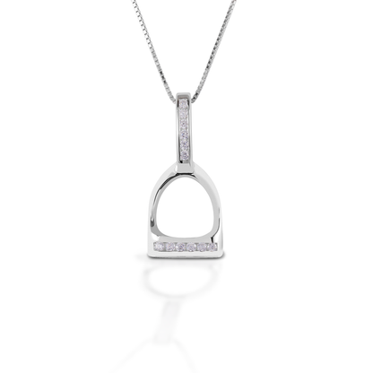 The Kelly Herd English Stirrup Necklace is a perfect tiny replica of a classic English fillis stirrup. Made in sterling silver, the base of the stirrup and the stirrup "leathers" are enhanced with clear CZ stones. Comes with an adjustable 16-18" chain. 32 mm x 14 mm.  Features      English stirrup pendant     Clear cubic zirconia stones     Sterling Silver     Adjustable 16-18" chain     14mm x 31mm
