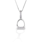 The Kelly Herd English Stirrup Necklace is a perfect tiny replica of a classic English fillis stirrup. Made in sterling silver, the base of the stirrup and the stirrup "leathers" are enhanced with clear CZ stones. Comes with an adjustable 16-18" chain. 32 mm x 14 mm.  Features      English stirrup pendant     Clear cubic zirconia stones     Sterling Silver     Adjustable 16-18" chain     14mm x 31mm