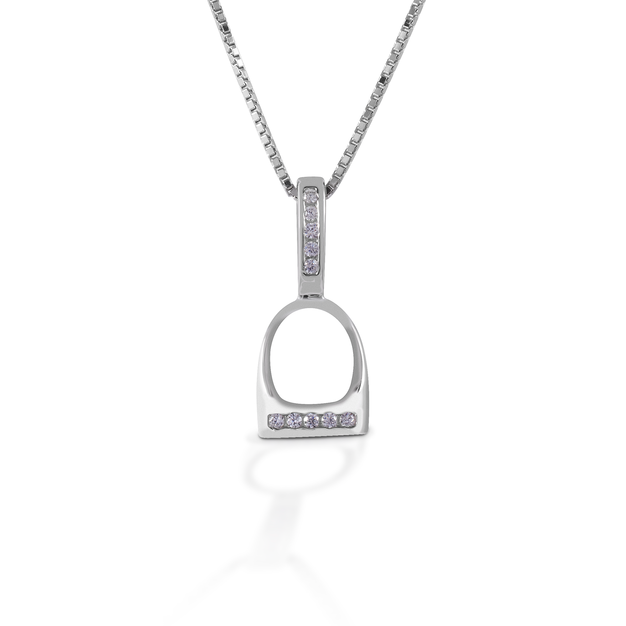 The Kelly Herd English Stirrup Necklace is a perfect tiny replica of a classic English fillis stirrup. Made of sterling silver, the base of the stirrup and the stirrup "leathers" are enhanced with clear CZ stones. Comes with an adjustable 16-18" chain.  Features      English stirrup pendant     Clear cubic zirconia stones     Sterling Silver     Adjustable 16-18" chain     10mm x 20mm