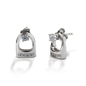     Solitaire stud earrings     Removeable English stirrup jackets     Diamonds     Available in white, or yellow 14k gold     9mmx 10mm