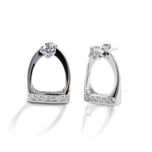     Solitaire stud earrings     Removeable English stirrup jackets     Diamonds     Available in white, or yellow 14k gold     14mm x 20mm