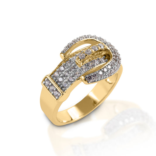 For extra sparkle and light reflection, chose the Kelly Herd Pavé Buckle Ring. This ring is styled as a classic three piece Western belt, with the buckle portion completely covered in light reflecting diamonds. Available in white gold or yellow gold.  Features      Western buckle ring     Diamonds     Pavé set stones     Available in white gold, or yellow gold     14mm wide