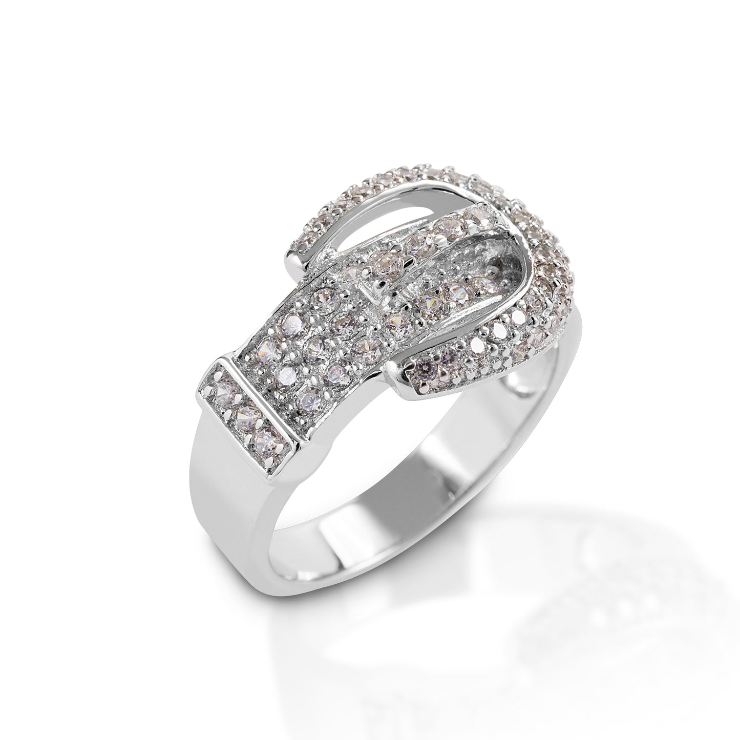 For extra sparkle and light reflection, chose the Kelly Herd Pavé Buckle Ring. This ring is styled as a classic three piece Western belt, with the buckle portion completely covered in light reflecting diamonds. Available in white gold or yellow gold.  Features      Western buckle ring     Diamonds     Pavé set stones     Available in white gold, or yellow gold     14mm wide