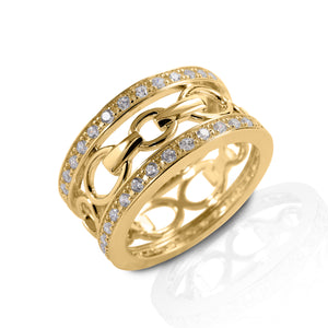 Bold and bright, the Kelly Herd Wide Band Bit Ring is only for the stylish and fashion forward equestrian! Made of white or yellow gold, and enhanced with diamonds. This ring features finely detailed snaffle bits on a wide band.  Features      Snaffle bit ring     Surrounded by diamonds     Available in white, or yellow 14k gold     10mm wide