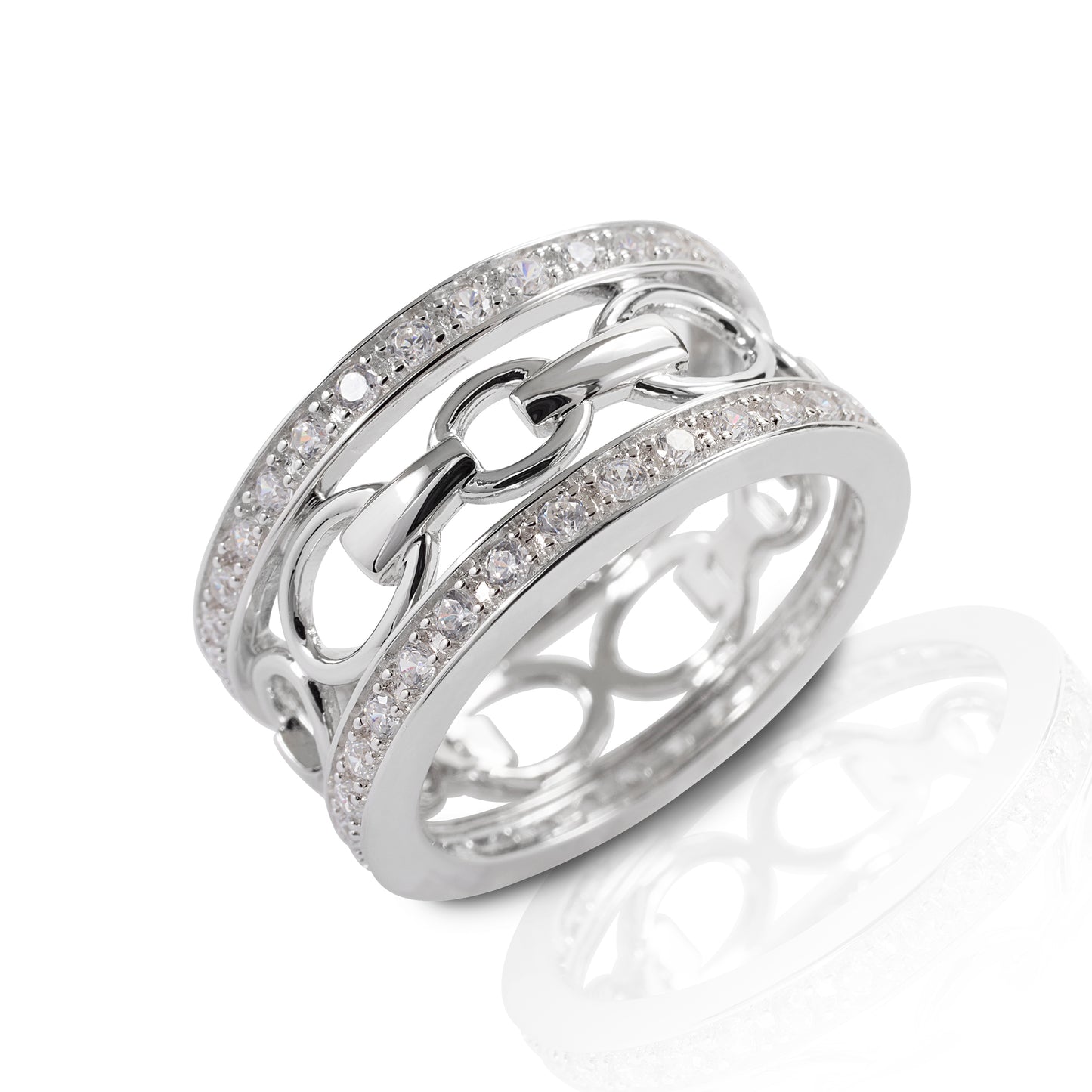 Bold and bright, the Kelly Herd Wide Band Bit Ring is only for the stylish and fashion forward equestrian! Made of sterling silver, enhanced with clear CZ. This ring features finely detailed snaffle bits on a wide band.  Features      Snaffle bit ring     Surrounded by cubic zirconia stones     Sterling Silver     10mm wide
