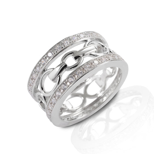 Bold and bright, the Kelly Herd Wide Band Bit Ring is only for the stylish and fashion forward equestrian! Made of sterling silver, enhanced with clear CZ. This ring features finely detailed snaffle bits on a wide band.  Features      Snaffle bit ring     Surrounded by cubic zirconia stones     Sterling Silver     10mm wide