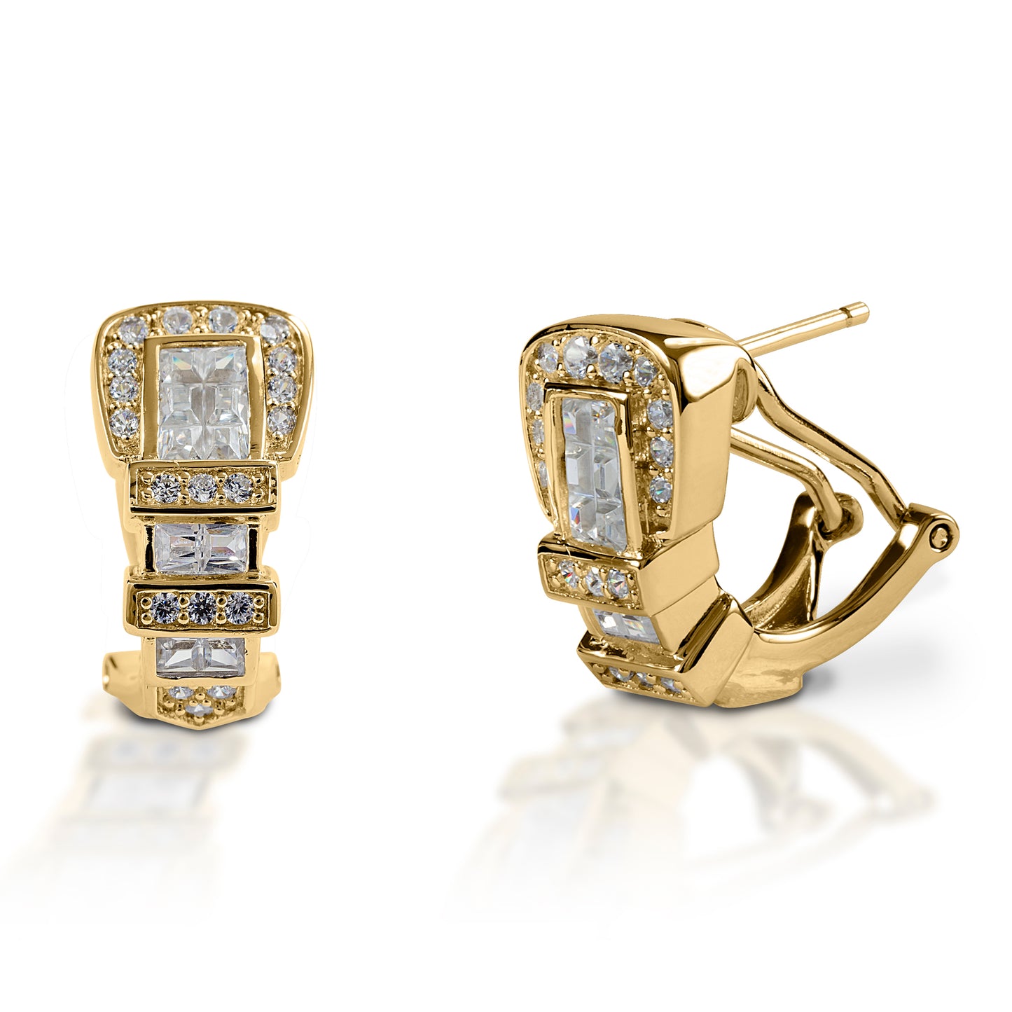 Western belt buckles for your ears! Kelly Herd Ranger Style Buckle Earrings are finely detailed replicas of a classic three piece western buckle set, enhanced with square diamonds. Available in your choice of white, or yellow 14k gold. Made with a French clip and post back.  Features      Western belt buckle style earrings.     Diamonds     Available in white gold, or yellow gold     French clip and post back     8mm x 16mm
