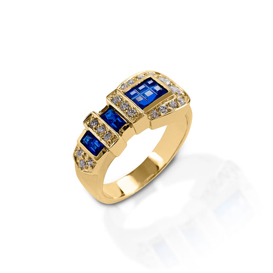 Make a bold and bright statement with the Kelly Herd Blue Ranger Buckle Ring! This ring is a replica of a classic Western three piece belt buckle. Made in your choice of white or yellow gold, with diamonds and sapphires.