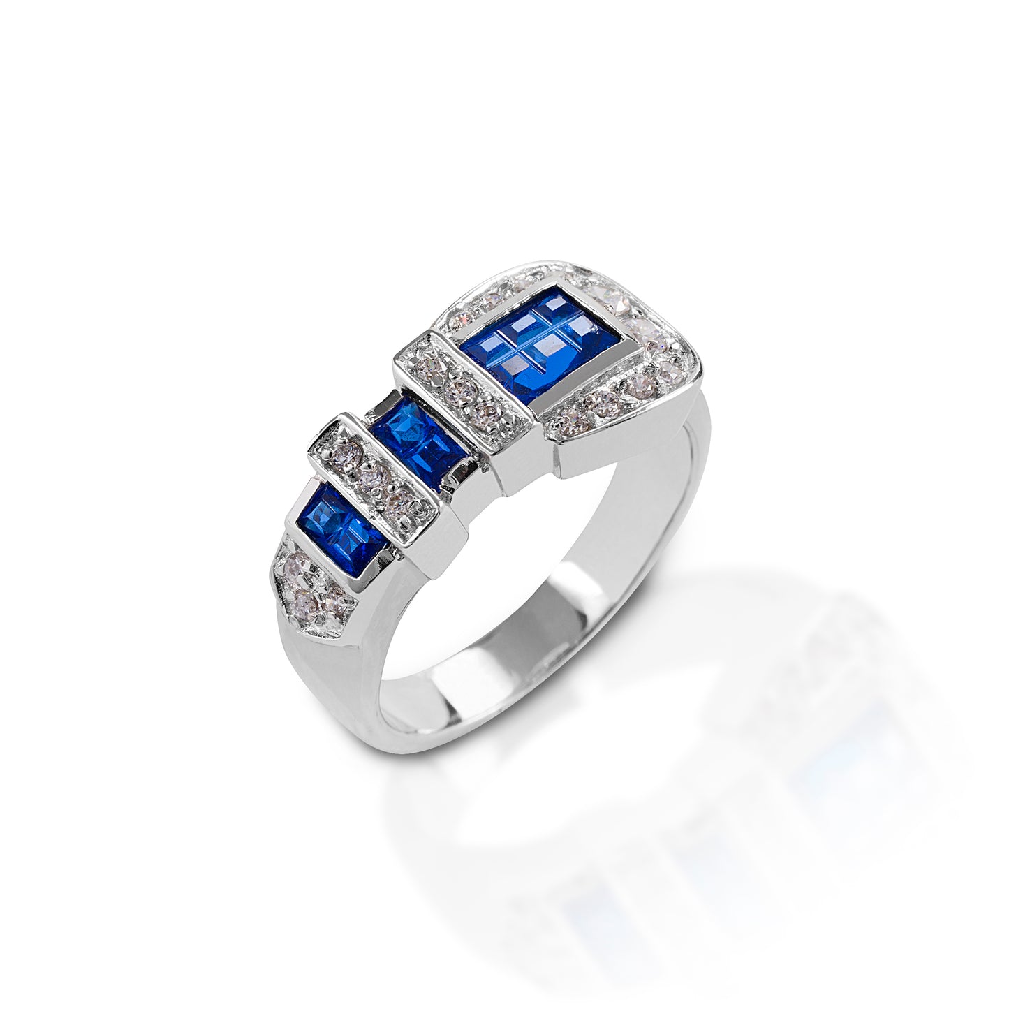 Make a bold and bright statement with the Kelly Herd Blue Ranger Buckle Ring! This ring is a replica of a classic Western three piece belt buckle. Sterling Silver with blue and clear CZ stones.