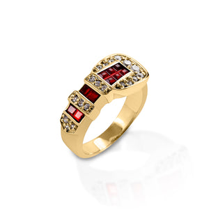 Make a bold and bright statement with the Kelly Herd Red Ranger Buckle Ring! This ring is a replica of a classic Western three piece belt buckle. Made in your choice of white or yellow gold, with ruby and diamonds.  Features      Western buckle ring     Ruby and diamonds     Available in white, or yellow 14k gold     10mm wide