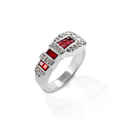 Make a bold and bright statement with the Kelly Herd Red Ranger Buckle Ring! This ring is a replica of a classic Western three piece belt buckle. Made of sterling silver, with red and clear CZ stones.  Features      Western buckle ring     Red and clear cubic zirconia stones     Sterling Silver     10mm wide