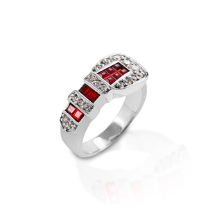 Make a bold and bright statement with the Kelly Herd Red Ranger Buckle Ring! This ring is a replica of a classic Western three piece belt buckle. Made of sterling silver, with red and clear CZ stones.  Features      Western buckle ring     Red and clear cubic zirconia stones     Sterling Silver     10mm wide