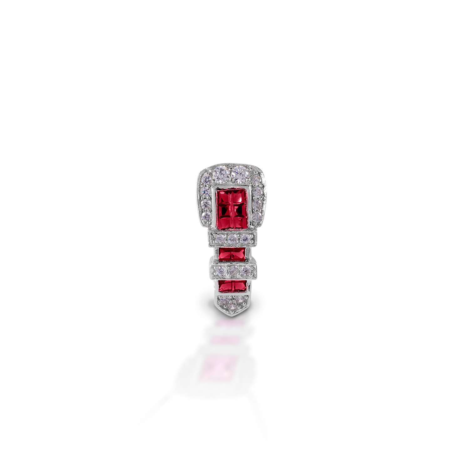 The Kelly Herd Ranger Style Buckle Pendant features a pendant that is a finely detailed replica of a classic three piece western buckle set, enhanced with square rubies and round diamonds. Available in 14K gold.  Features      Western belt buckle style earrings.     Ruby and diamonds     Available in 14k gold     8mm x 20mm