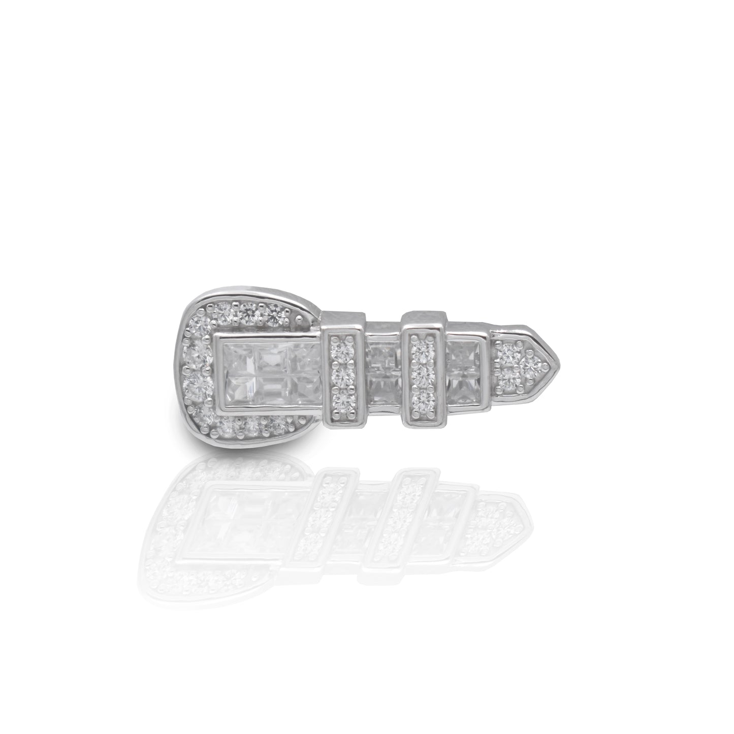 Designed to have the look of the magnificent Texas Ranger buckle this piece will compliment any tie or jacket. The Kelly Herd Clear Ranger Style Buckle Tie Tack is crafted out of sterling silver in the style of a traditional ranger buckle and accented with 2 different cuts of clear cubic zirconia stones. It's a perfect gift for the refined gentleman. 