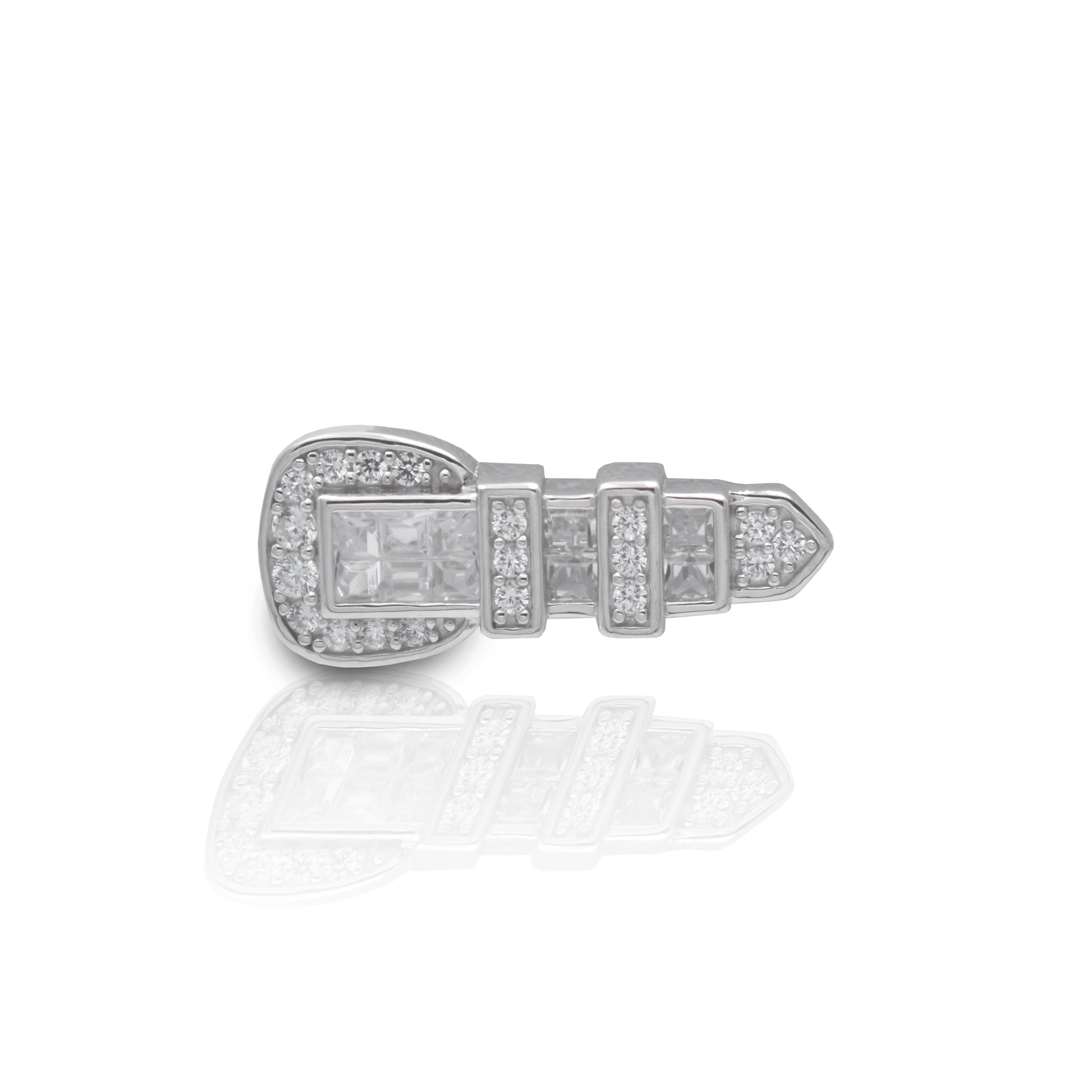 Designed to have the look of the magnificent Texas Ranger buckle this piece will compliment any tie or jacket. The Kelly Herd Clear Ranger Style Buckle Tie Tack is crafted out of sterling silver in the style of a traditional ranger buckle and accented with 2 different cuts of clear cubic zirconia stones. It's a perfect gift for the refined gentleman. 